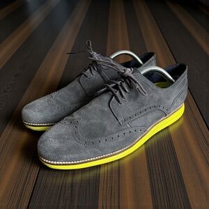 Cole Haan LunarGrand Wingtip Mens 10M Gray Suede with Volt Yellow Sole C28220